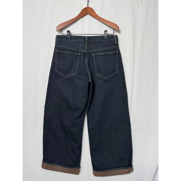 Zara Dark Dirty Denim 100% Cotton Low Rise Cuffed Relaxed Wide Leg Jeans Size 12 - Picture 6 of 14